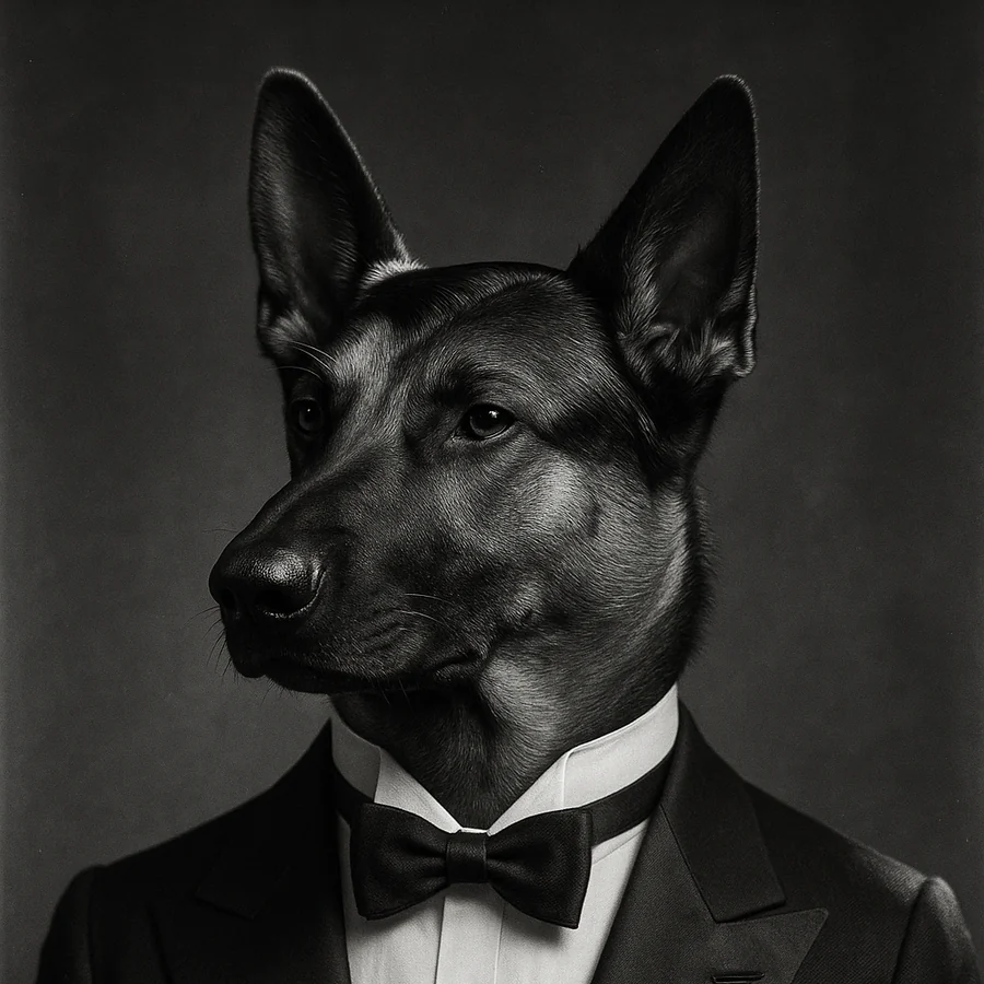 Studio portrait of The Rizzler, a German Shepherd in a dinner jacket and black tie